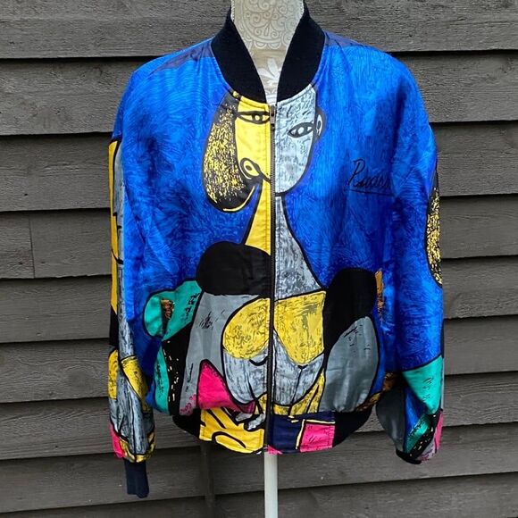 Vtg 90s Exclusively Misook OS Picasso graphic satin bomber jacket wearable art - Picture 1 of 12